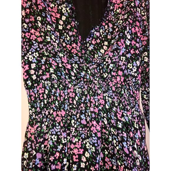 Savida Black Floral Smocked Tiered Ruffle Long Sleeve Mini Dress Size Medium - Picture 7 of 8